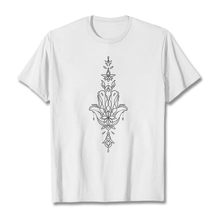Camiseta con estampado de flor de loto y mano de Hamsa con Buddha Stones - Blanco - 2XL - image 6