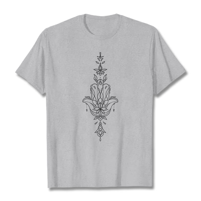 Camiseta con estampado de flor de loto y mano de Hamsa con Buddha Stones - Gris claro - 2XL - image 19