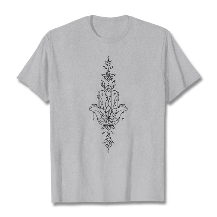 Camiseta con estampado de flor de loto y mano de Hamsa con Buddha Stones - Gris claro - 2XL - image 19