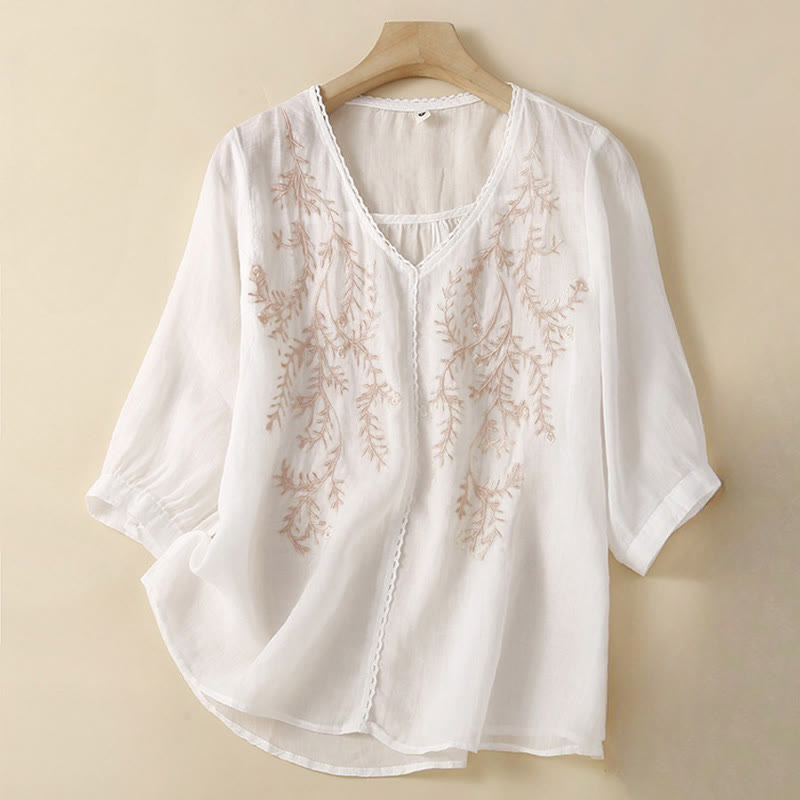 Camiseta de mujer de manga corta con cuello en V y estampado de ramas florales bordadas, estilo casual veraniego con Buddha Stones. - Blanco - US8-10，UK/AU12-14，EU40-42 (2XL) - image 5