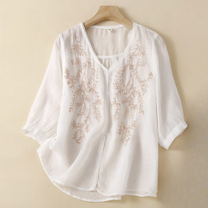 Camiseta de mujer de manga corta con cuello en V y estampado de ramas florales bordadas, estilo casual veraniego con Buddha Stones. - Blanco - US8-10，UK/AU12-14，EU40-42 (2XL) - image 5