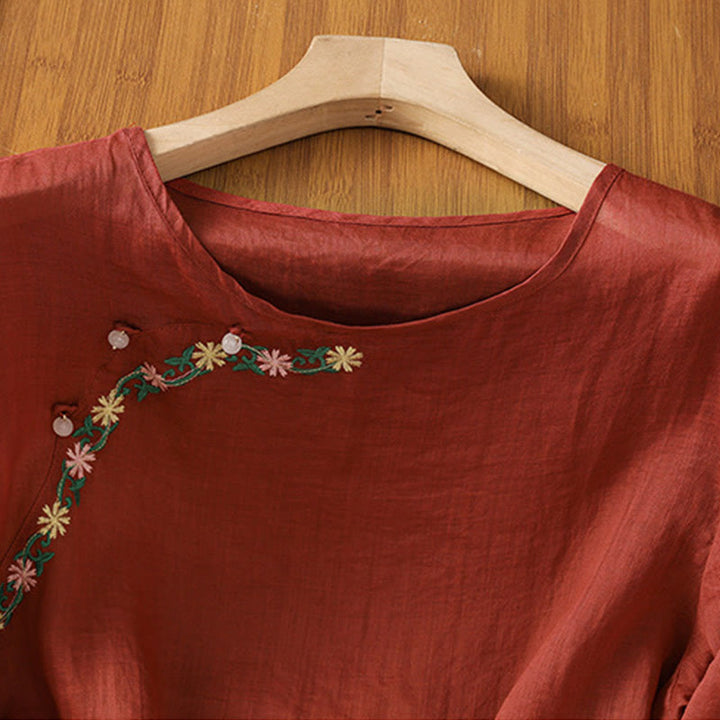 Camisa informal de algodón y poliéster con bordado de flores y Buddha Stones para mujer, de media manga y cuello redondo - image 2