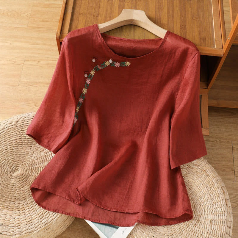 Camisa informal de algodón y poliéster con bordado de flores y Buddha Stones para mujer, de media manga y cuello redondo - Ladrillo refractario - US14，UK/AU18，EU46 (2XL) - image 0