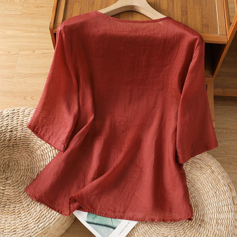 Camisa informal de algodón y poliéster con bordado de flores y Buddha Stones para mujer, de media manga y cuello redondo - image 1