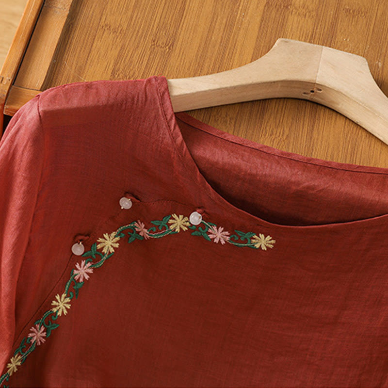 Camisa informal de algodón y poliéster con bordado de flores y Buddha Stones para mujer, de media manga y cuello redondo - image 3