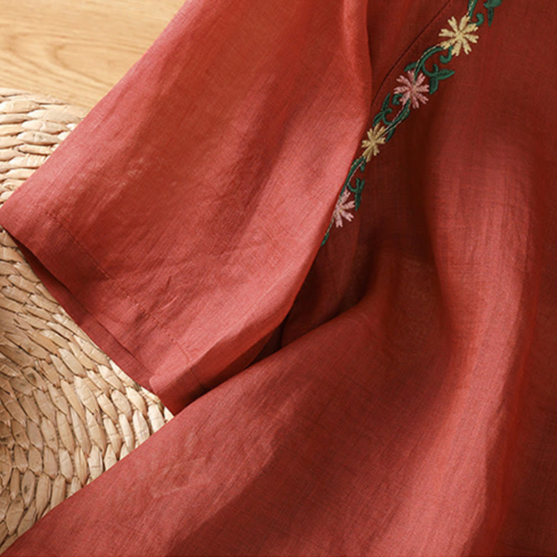 Camisa informal de algodón y poliéster con bordado de flores y Buddha Stones para mujer, de media manga y cuello redondo - image 5