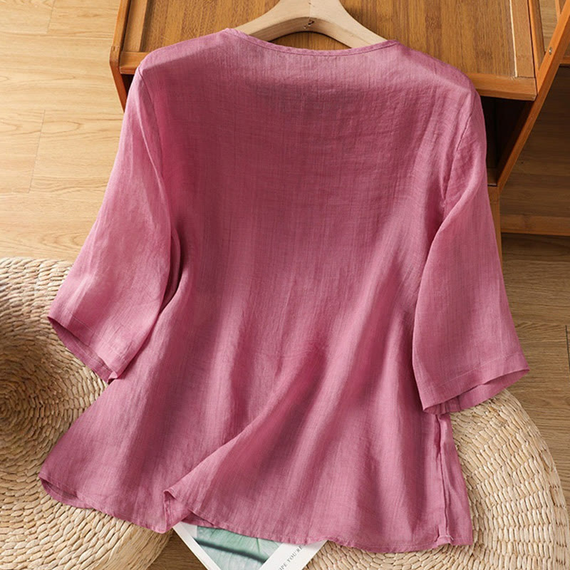 Camisa informal de algodón y poliéster con bordado de flores y Buddha Stones para mujer, de media manga y cuello redondo - image 8