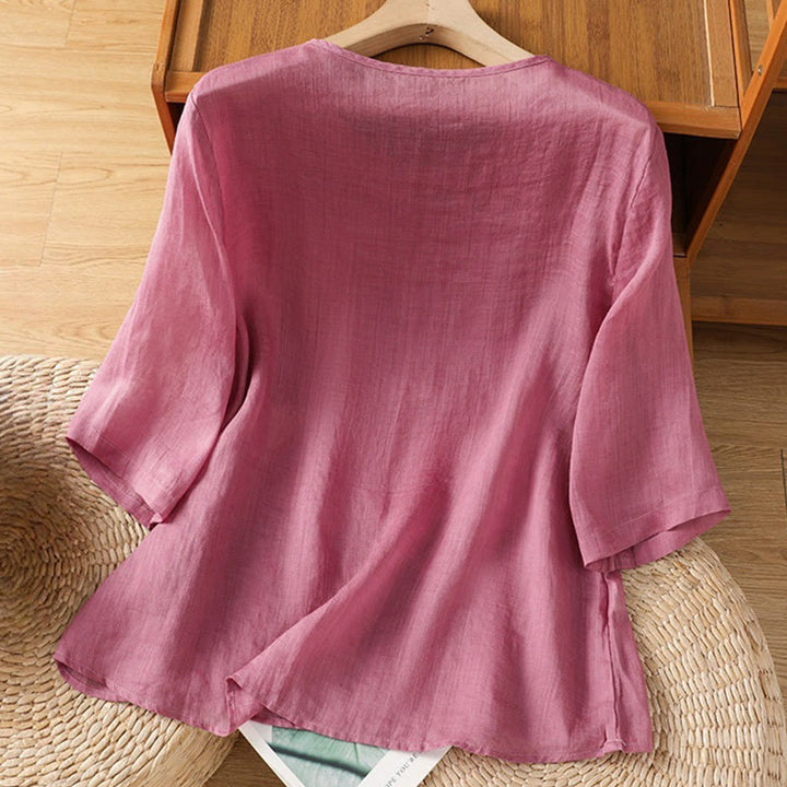 Camisa informal de algodón y poliéster con bordado de flores y Buddha Stones para mujer, de media manga y cuello redondo - image 8