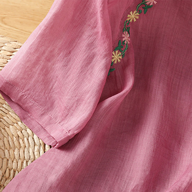 Camisa informal de algodón y poliéster con bordado de flores y Buddha Stones para mujer, de media manga y cuello redondo - image 12