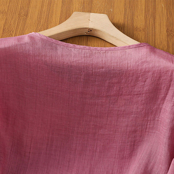 Camisa informal de algodón y poliéster con bordado de flores y Buddha Stones para mujer, de media manga y cuello redondo - image 15