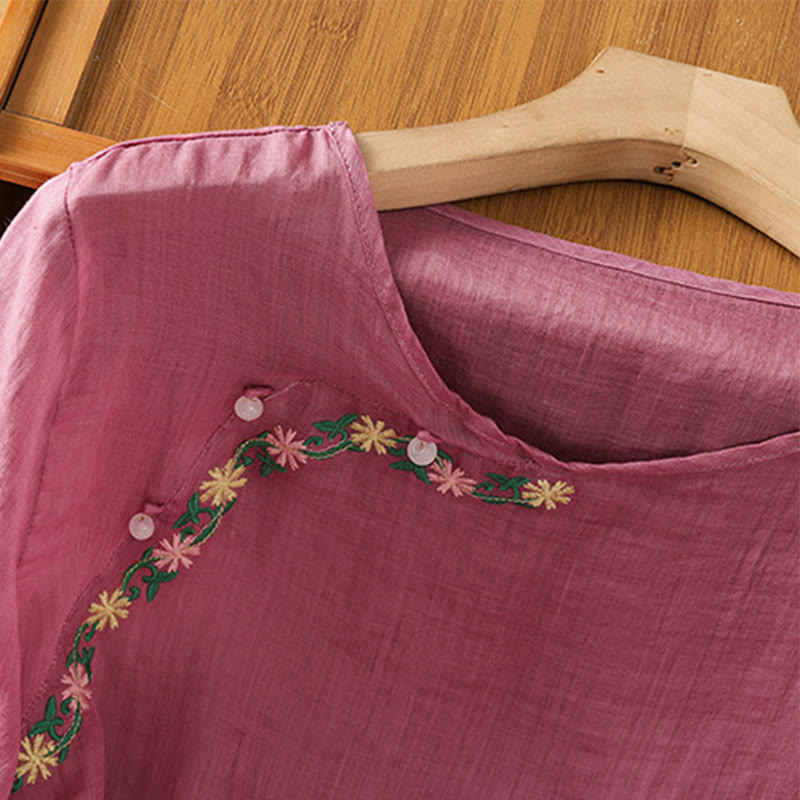 Camisa informal de algodón y poliéster con bordado de flores y Buddha Stones para mujer, de media manga y cuello redondo - image 11