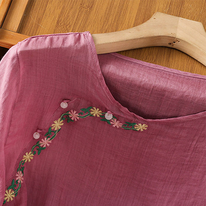 Camisa informal de algodón y poliéster con bordado de flores y Buddha Stones para mujer, de media manga y cuello redondo - image 11