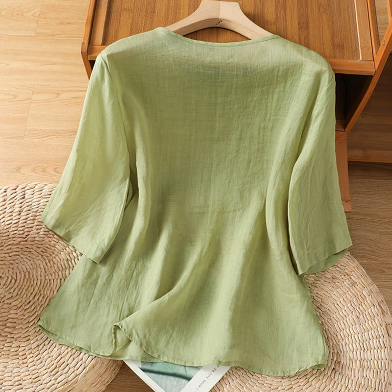 Camisa informal de algodón y poliéster con bordado de flores y Buddha Stones para mujer, de media manga y cuello redondo - image 17