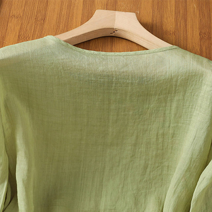 Camisa informal de algodón y poliéster con bordado de flores y Buddha Stones para mujer, de media manga y cuello redondo - image 18