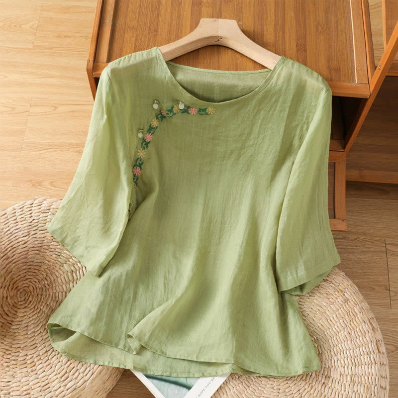 Camisa informal de algodón y poliéster con bordado de flores y Buddha Stones para mujer, de media manga y cuello redondo - Verde claro - US14，UK/AU18，EU46 (2XL) - image 16