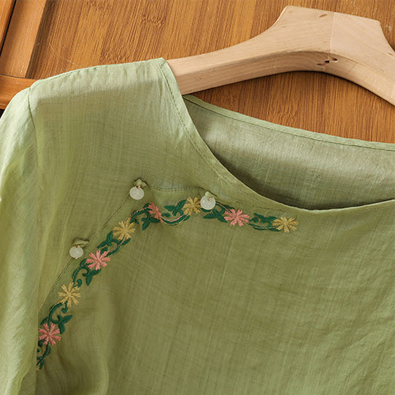 Camisa informal de algodón y poliéster con bordado de flores y Buddha Stones para mujer, de media manga y cuello redondo - image 20