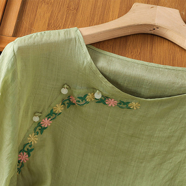 Camisa informal de algodón y poliéster con bordado de flores y Buddha Stones para mujer, de media manga y cuello redondo - image 20