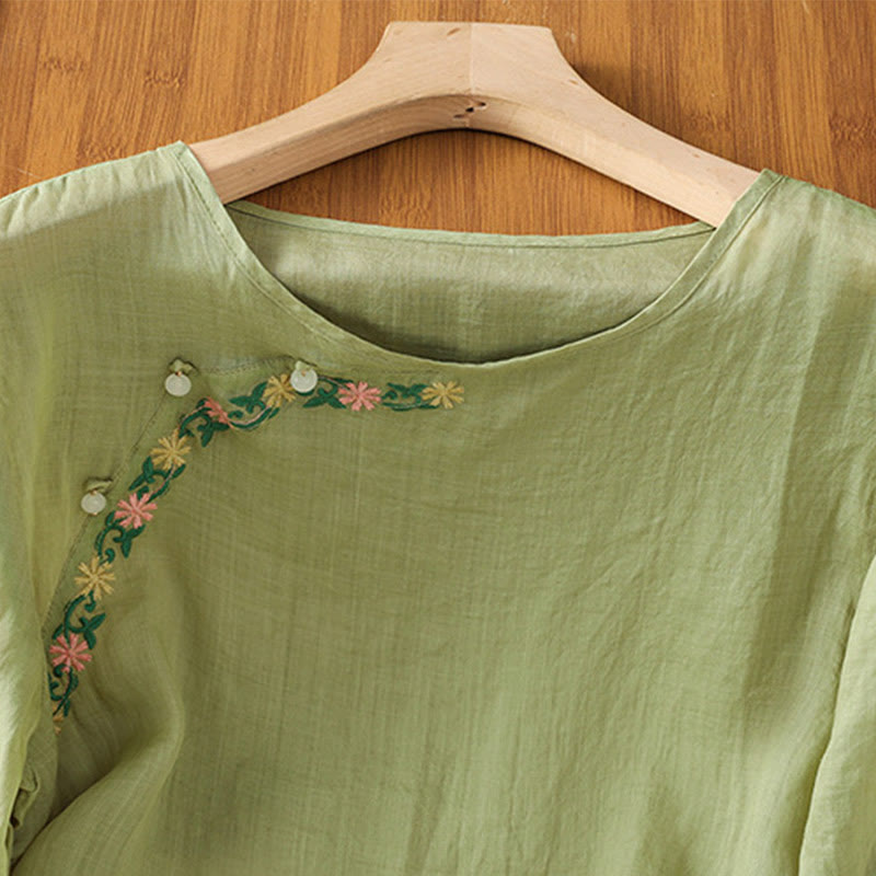 Camisa informal de algodón y poliéster con bordado de flores y Buddha Stones para mujer, de media manga y cuello redondo - image 21