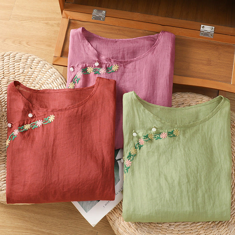 Camisa informal de algodón y poliéster con bordado de flores y Buddha Stones para mujer, de media manga y cuello redondo - image 23