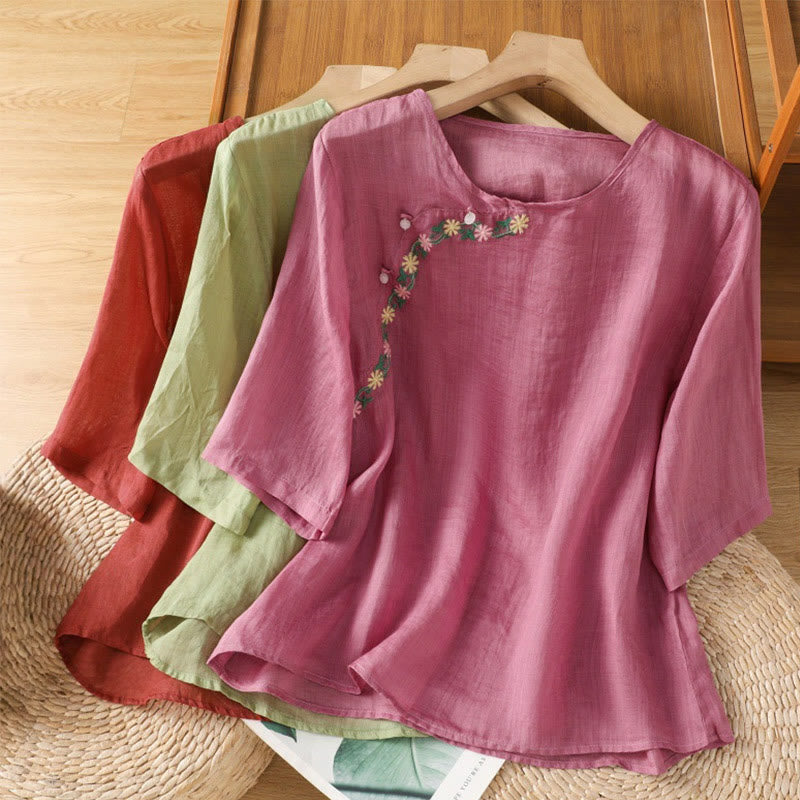 Camisa informal de algodón y poliéster con bordado de flores y Buddha Stones para mujer, de media manga y cuello redondo - image 22