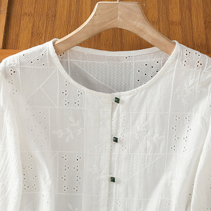 Camisa informal de algodón y poliéster con bordado de Buddha Stones para mujer, de media manga y cuello redondo - image 1