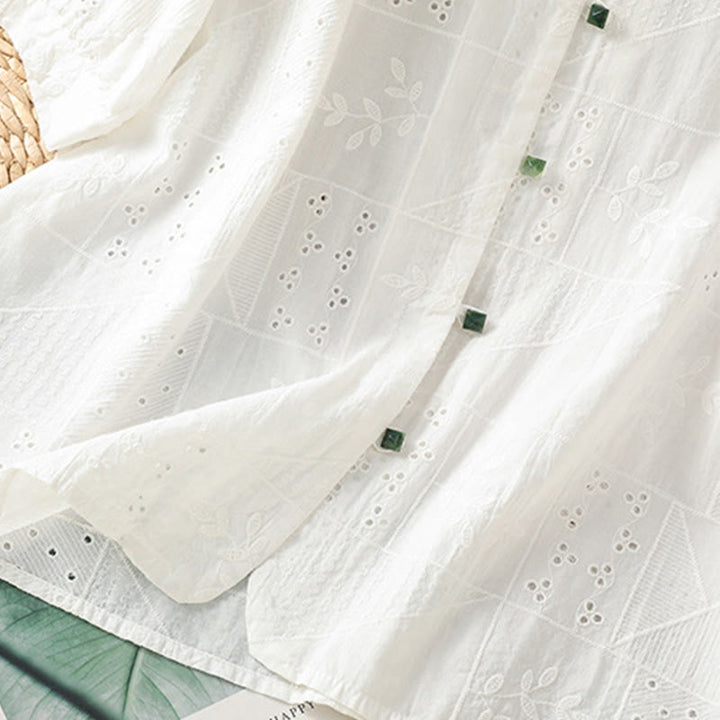 Camisa informal de algodón y poliéster con bordado de Buddha Stones para mujer, de media manga y cuello redondo - image 5