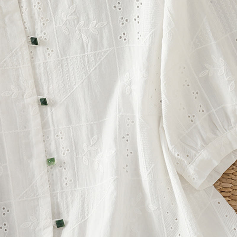 Camisa informal de algodón y poliéster con bordado de Buddha Stones para mujer, de media manga y cuello redondo - image 4