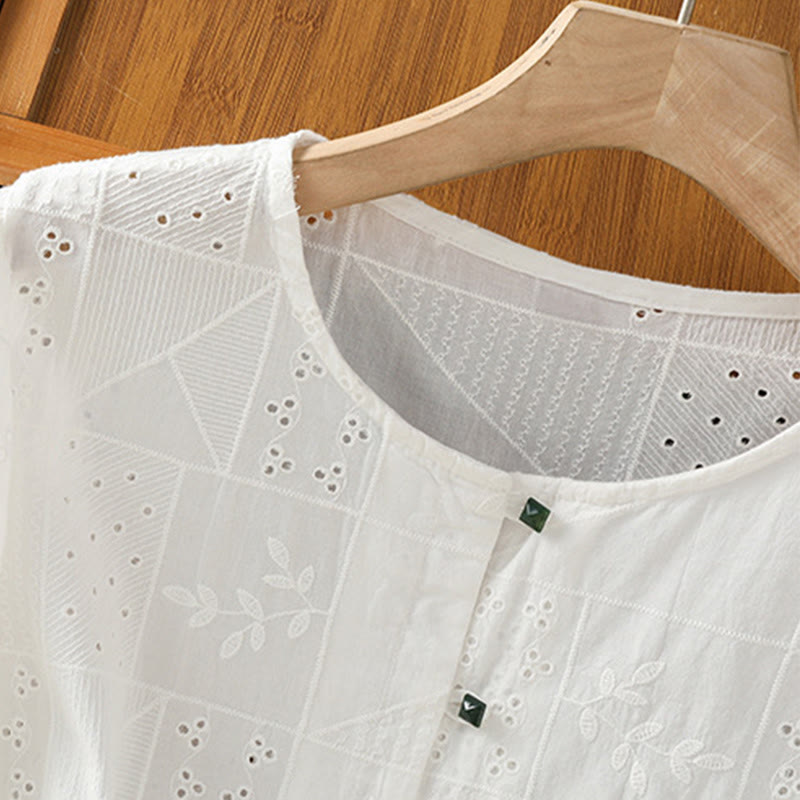 Camisa informal de algodón y poliéster con bordado de Buddha Stones para mujer, de media manga y cuello redondo - image 3