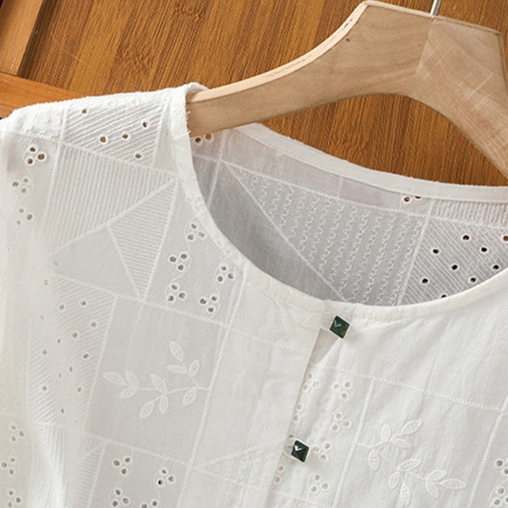 Camisa informal de algodón y poliéster con bordado de Buddha Stones para mujer, de media manga y cuello redondo - image 3