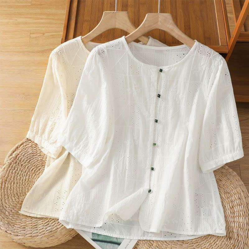 Camisa informal de algodón y poliéster con bordado de Buddha Stones para mujer, de media manga y cuello redondo - image 15