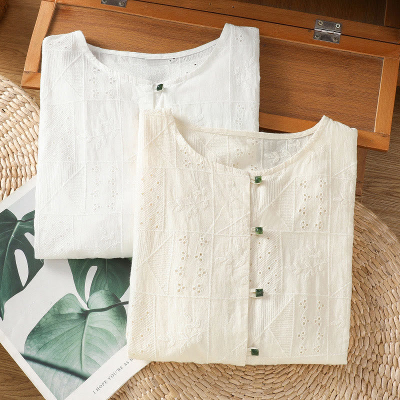 Camisa informal de algodón y poliéster con bordado de Buddha Stones para mujer, de media manga y cuello redondo - image 16