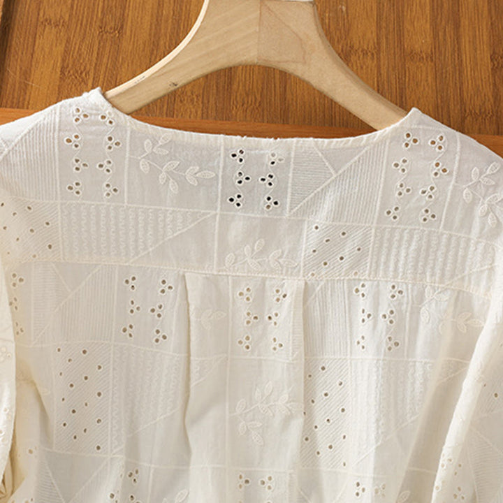 Camisa informal de algodón y poliéster con bordado de Buddha Stones para mujer, de media manga y cuello redondo - image 8