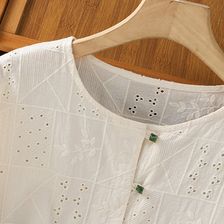 Camisa informal de algodón y poliéster con bordado de Buddha Stones para mujer, de media manga y cuello redondo - image 13