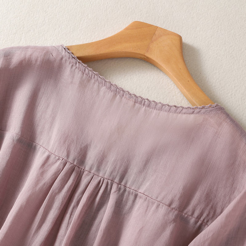 Camiseta de lino y algodón con cuello en V y media manga para mujer, con estampado bordado de Buddha Stones - image 4