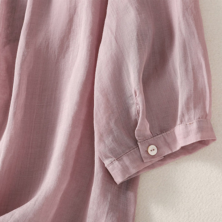 Camiseta de lino y algodón con cuello en V y media manga para mujer, con estampado bordado de Buddha Stones - image 3