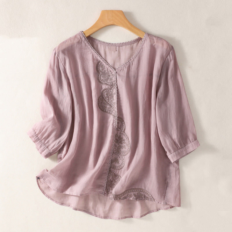 Camiseta de lino y algodón con cuello en V y media manga para mujer, con estampado bordado de Buddha Stones - Ciruela - US14，UK/AU18，EU46 (2XL) - image 0