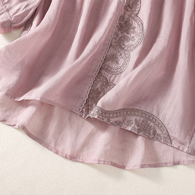 Camiseta de lino y algodón con cuello en V y media manga para mujer, con estampado bordado de Buddha Stones - image 2