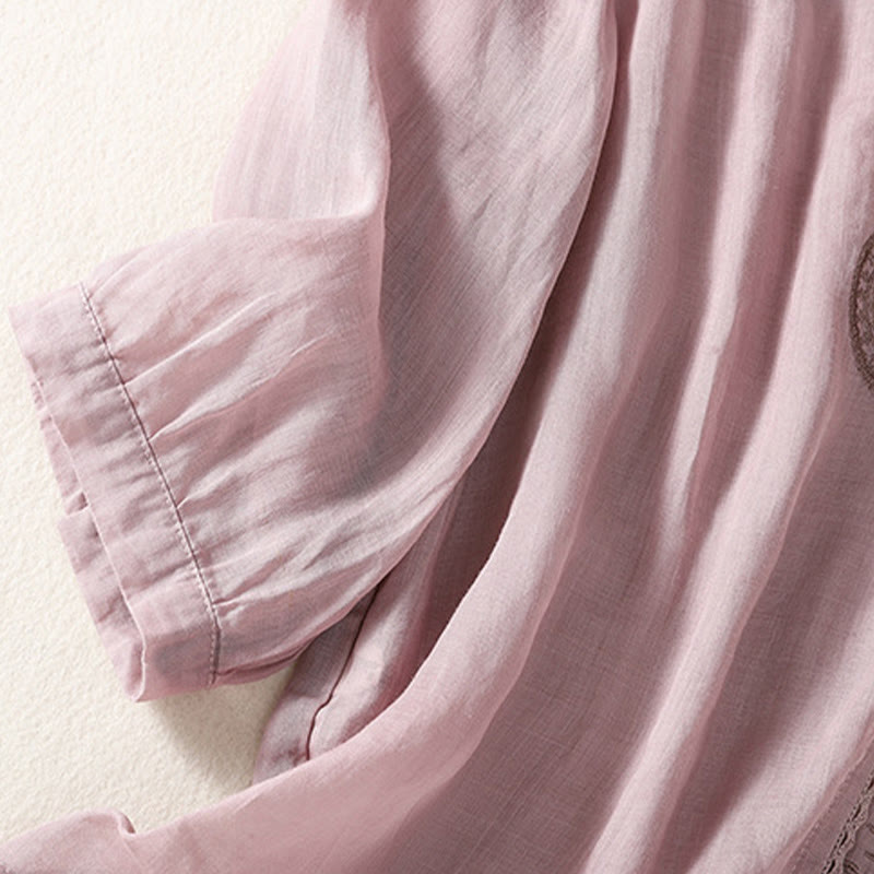 Camiseta de lino y algodón con cuello en V y media manga para mujer, con estampado bordado de Buddha Stones - image 1