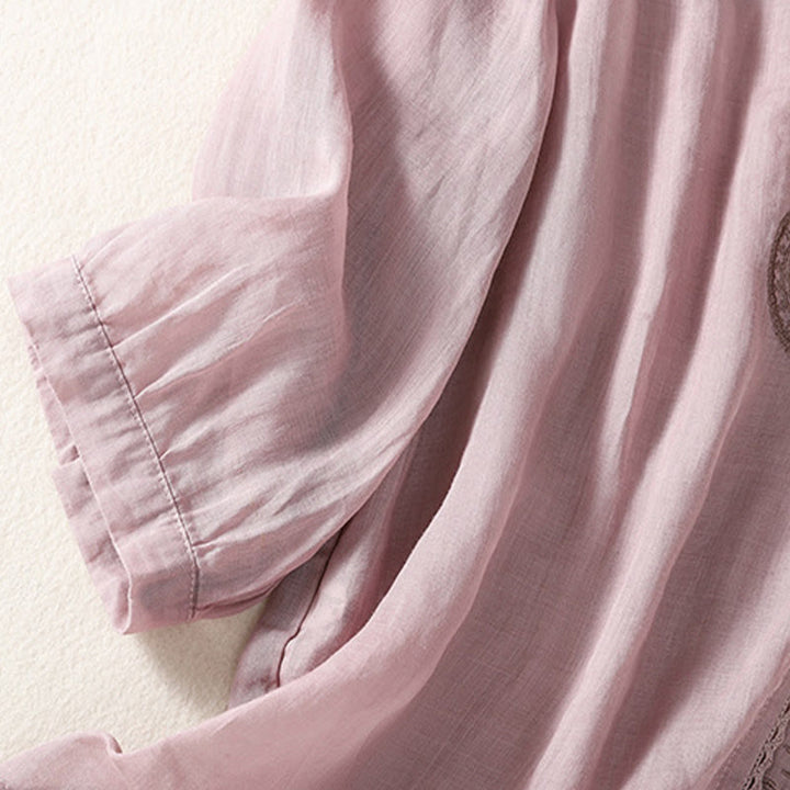 Camiseta de lino y algodón con cuello en V y media manga para mujer, con estampado bordado de Buddha Stones - image 1