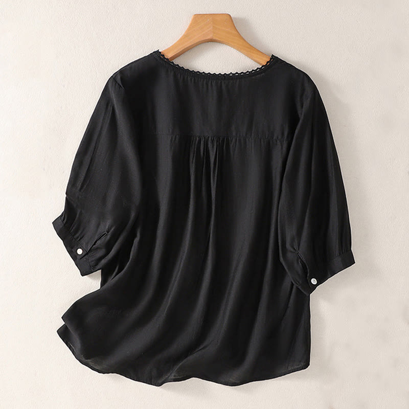 Camiseta de lino y algodón con cuello en V y media manga para mujer, con estampado bordado de Buddha Stones - Negro - US14，UK/AU18，EU46 (2XL) - image 5