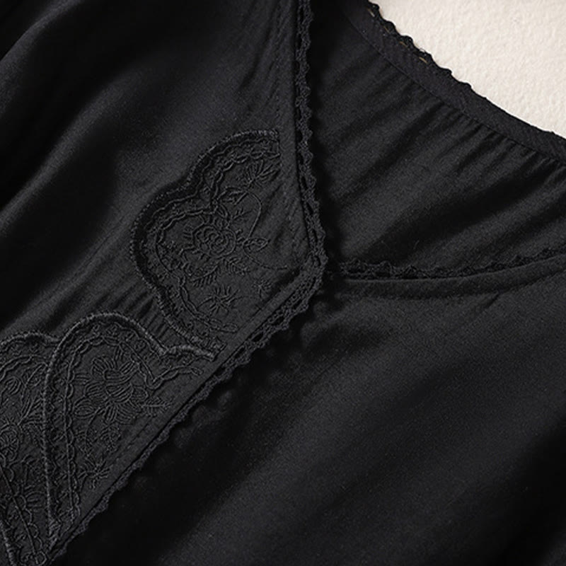 Camiseta de lino y algodón con cuello en V y media manga para mujer, con estampado bordado de Buddha Stones - image 12