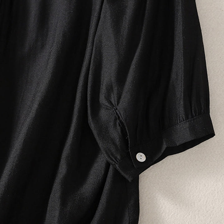 Camiseta de lino y algodón con cuello en V y media manga para mujer, con estampado bordado de Buddha Stones - image 10