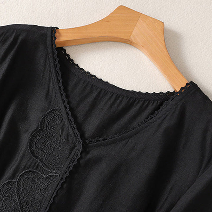 Camiseta de lino y algodón con cuello en V y media manga para mujer, con estampado bordado de Buddha Stones - image 6