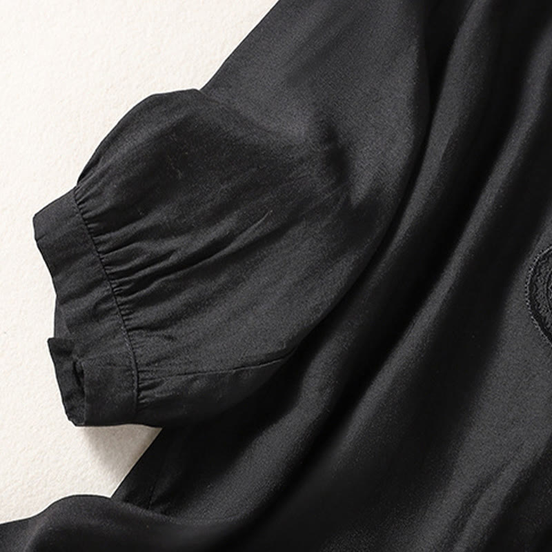 Camiseta de lino y algodón con cuello en V y media manga para mujer, con estampado bordado de Buddha Stones - image 9