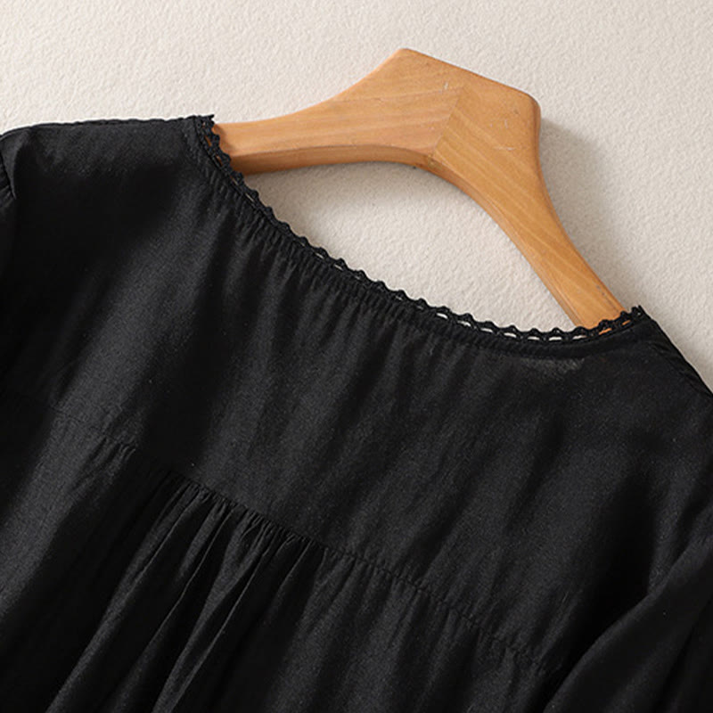 Camiseta de lino y algodón con cuello en V y media manga para mujer, con estampado bordado de Buddha Stones - image 7