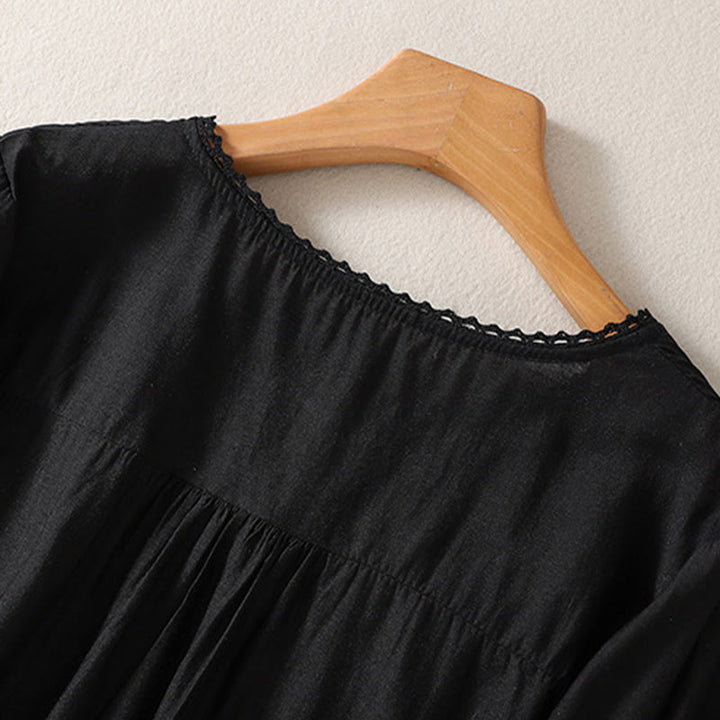 Camiseta de lino y algodón con cuello en V y media manga para mujer, con estampado bordado de Buddha Stones - image 7