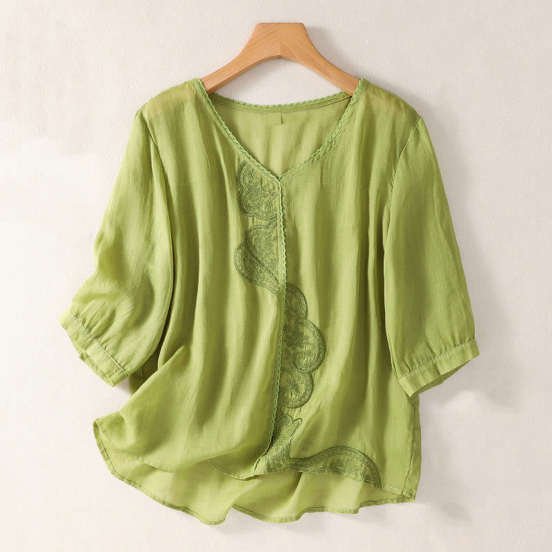 Camiseta de lino y algodón con cuello en V y media manga para mujer, con estampado bordado de Buddha Stones - Verde amarillento - US14，UK/AU18，EU46 (2XL) - image 13