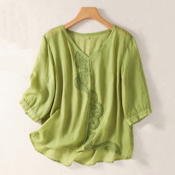 Camiseta de lino y algodón con cuello en V y media manga para mujer, con estampado bordado de Buddha Stones - Verde amarillento - US14，UK/AU18，EU46 (2XL) - image 13