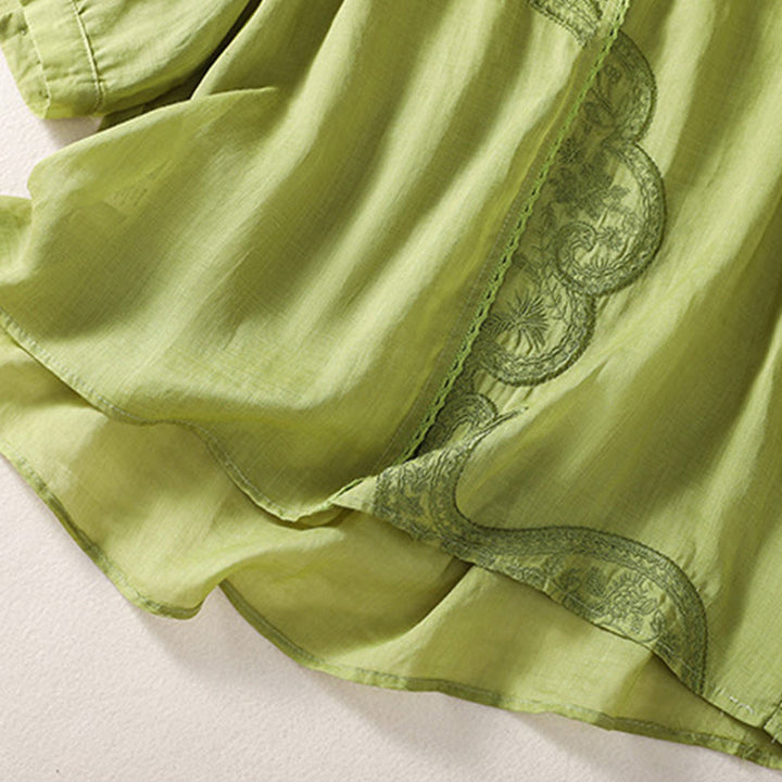 Camiseta de lino y algodón con cuello en V y media manga para mujer, con estampado bordado de Buddha Stones - image 17