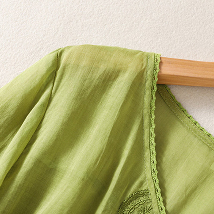 Camiseta de lino y algodón con cuello en V y media manga para mujer, con estampado bordado de Buddha Stones - image 15